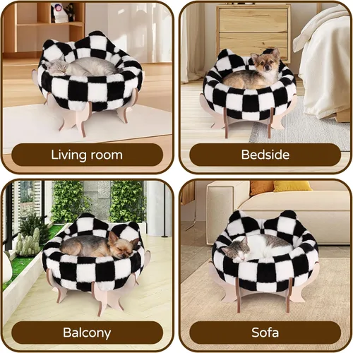 Vista 7 de Cama elevada para gatos de interior, sofá cama para mascotas con cojín esponjoso extraíble, soporte de madera, sofá elevado para gatos de 18 x 11