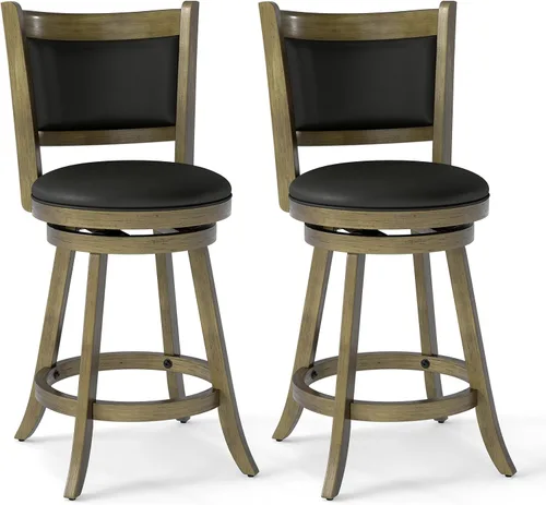 Vista 14 de COSTWAY Juego de 2 taburetes de bar, giratorios de 360 grados, taburete giratorio de madera con acento de altura, diseño tapizado de cuero, asiento