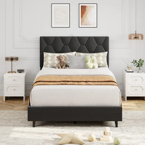Vista 13 de GAOMON Base de cama tapizada tamaño individual, color beige, base de cama de plataforma resistente con cabecera tapizada y listones de madera