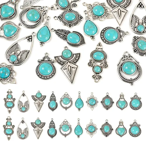 Vista 14 de 16 dijes de piedra turquesa de 8 estilos, estilo tibetano, vintage, bohemios, curativos, piedras preciosas colgantes grandes, joyería occidental