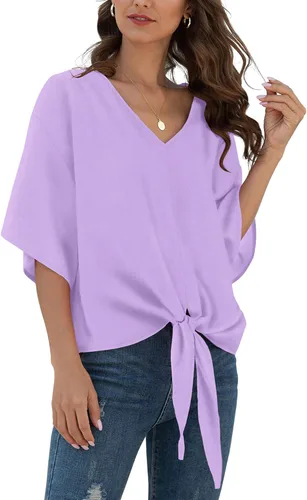 Vista 39 de VIISHOW Womens Tie Front Chiffon Blouses V Neck Batwing Short Sleeve Summer Tops Shirts Albaricoque