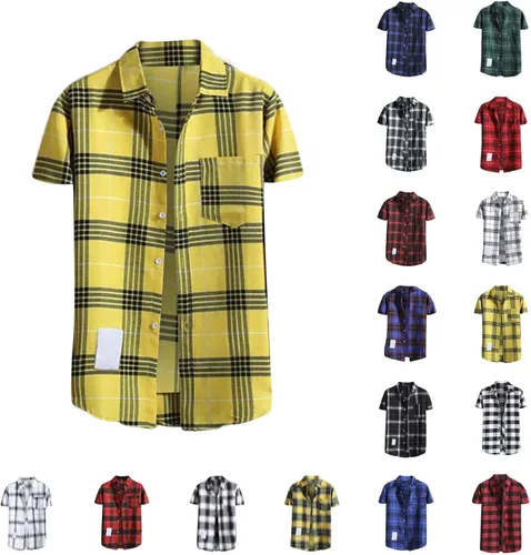 Vista 10 de Camisas de manga corta con botones para hombre, de algodón, a cuadros, ajuste regular, camisas casuales con botones y bolsillo