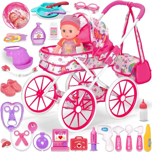 Vista 8 de Juego de juguetes para muñecas de bebé, juguetes de muñeca de 14", juego de juguetes para el cuidado de las muñecas de 25 piezas, juego de muñecas