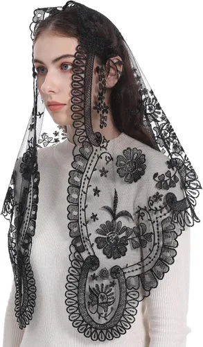 Vista 6 de Bozidol Velos de Mantilla de Capilla Católica en Triángulo - Bufanda Corta de Embroidería de Camelia para Misa Latina, Velo de Iglesia de Encaje