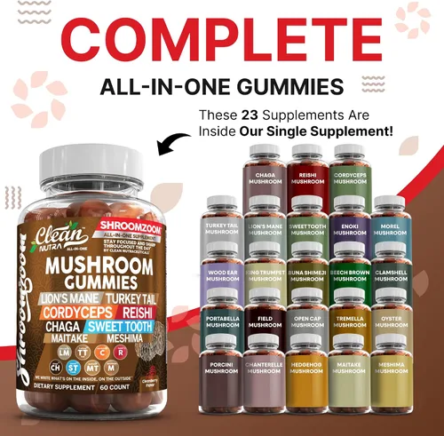 Vista 5 de Gomitas de hongos 15 en 1 con melena de león, cola de pavo Cordyceps Reishi Chaga Sweet Toot Maitake Meshima Poria Cocos Shiitake Tremella, hongos