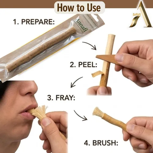 Vista 9 de AnNafi® Siwak Miswak Stick Meswak Arak Peelu - Palo de masticar con sabor natural, cepillo orgánico sellado al vacío, cepillo de dientes de hierbas