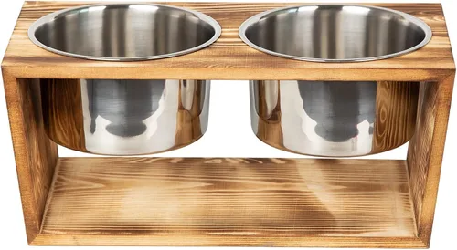Vista 3 de Cuencos elevados de madera rústica para perros y gatos con dos cuencos de acero inoxidable (marrón)