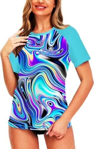 Vista 25 de AOBUTE Camisetas de natación de manga corta para mujer con protección solar degradada