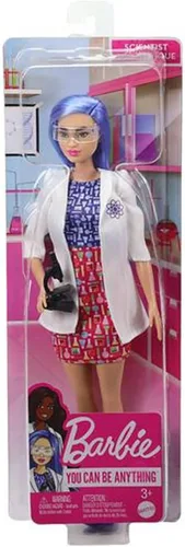 Vista 6 de Muñeca Barbie de Carreras y Accesorio de Moda, Científica con Cabello Azul Usando Bata de Laboratorio y Zapatos Planos con Microscopio