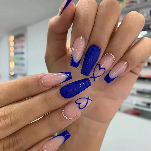 Vista 21 de BABALAL Uñas postizas punk a presión, uñas falsas cortas cuadradas, pegamento de caída de guepardo, uñas acrílicas azules y blancas con punta
