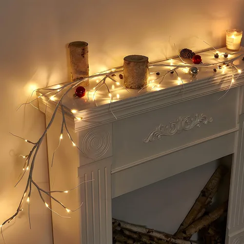 Vista 3 de Guirnalda de abedul iluminada de 6 pies, 48 luces LED, funciona con pilas con temporizador para decoración de mesa de chimenea de Navidad, uso