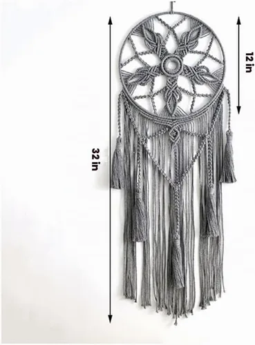 Vista 6 de Tapiz de atrapasueños, bohemio, macramé, tejido de algodón, hecho a mano, arte bohemio con borlas, adorno para dormitorio, sala de estar Beige