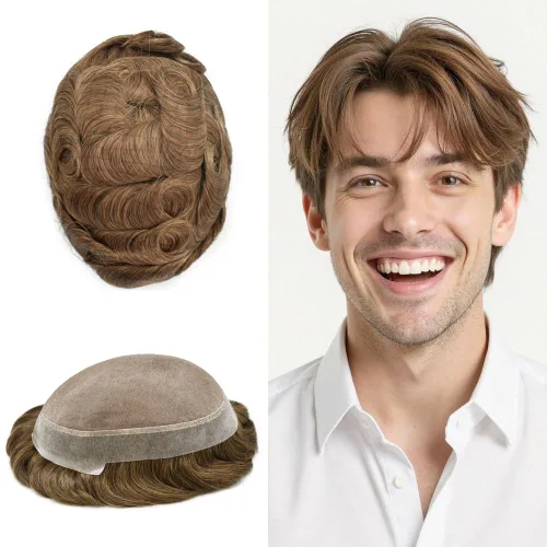 Vista 43 de Toupee para hombres Piezas de pelo fino mono para hombre Toupee sistema de reemplazo de pelo para hombres línea capilar natural para hombre postizo