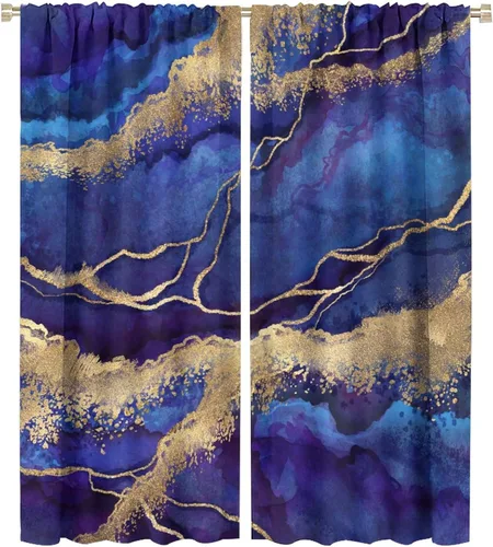Vista 86 de Cortinas abstractas de mármol de lujo de lujo azul marino dorado a rayas con patrón de mármol estampado para dormitorio, sala de estar, cortinas