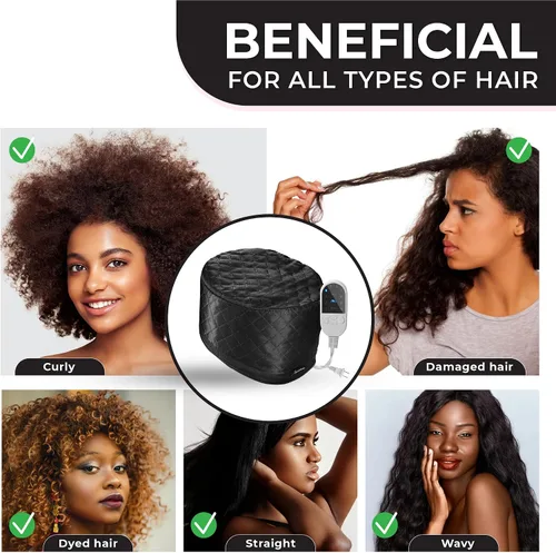 Vista 6 de Vaporizador de cabello para cabello natural para uso doméstico con 10 niveles de calor que se calienta rápidamente, gorro térmico para Negro