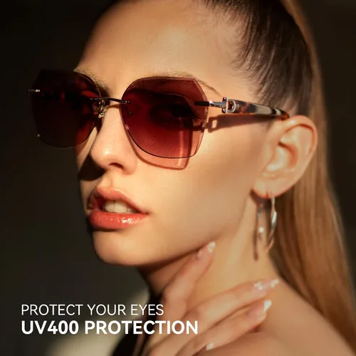 Vista 2 de ZENOTTIC Lentes de sol sin montura de gran tamaño para mujer, diseño geométrico de corte de diamante, lentes degradados, protección UV, tonos de moda