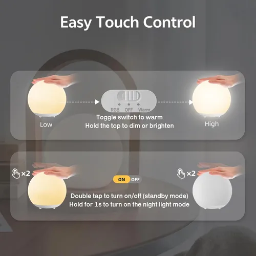 Vista 7 de Luz nocturna para bebé, luz nocturna recargable con control táctil con atenuación continua y cambio de color 7 RGB, luz suave y portátil para huevos