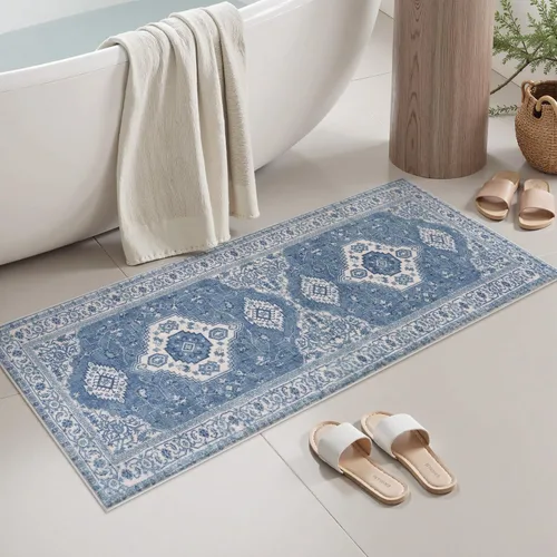 Vista 17 de Alfombras de Baño Bohemias Azules Seavish, Tapete de Baño Absorbente Vintage Desgastado de 18x26 Pulgadas, Alfombra de Baño Pequeña Antideslizante