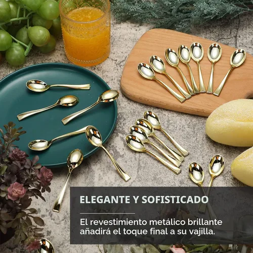 Vista 6 de Juego de 300 mini cucharas desechables doradas de 4 pulgadas, pequeños postres de plástico, cucharas de degustación resistentes para aperitivos