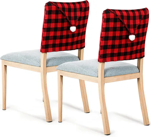 Vista 2 de Queekay 6 piezas de fundas traseras de silla de Navidad, protector de silla de comedor de Navidad con diseño de sombrero de Papá Noel, a cuadros