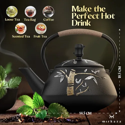 Vista 7 de Hervidor de té, Tetera de hierro fundido con infusor de acero inoxidable, Ollas de té japonesas para la parte superior de la estufa, Patrón único