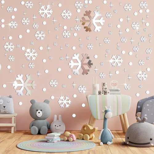 Vista 8 de Outus 193 calcomanías de pared de espejo de copo de nieve de Navidad, calcomanías de pared extraíbles de espejo acrílico 3D, decoración