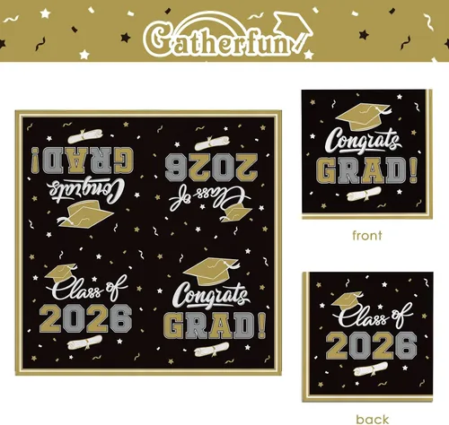 Vista 6 de Platos y servilletas de fiesta de graduación, decoraciones de graduación de clase de 2026, platos de papel desechables negros y dorados, servilletas