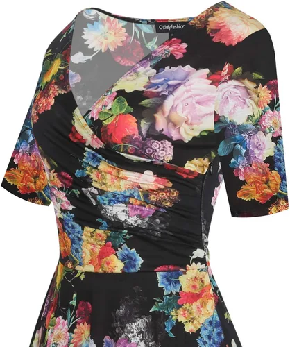 Vista 6 de oxiuly OX233 - Vestido informal, cruzado, con cuello en V, estampado floral, acampanado, por debajo de la rodilla y de verano para mujer