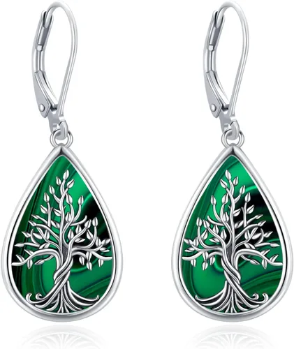 Vista 147 de Aretes colgantes de plata de ley con diseño de árbol de la vida, flor, abeja, animales, gato, colibrí, piedra lunar, turquesa, aretes con cierre