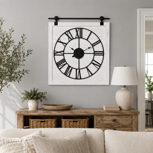 Vista 14 de EMAX HOME Reloj de pared grande estilo casa de campo, reloj de madera rústico cuadrado marrón de 24 pulgadas con letrero decorativo de madera