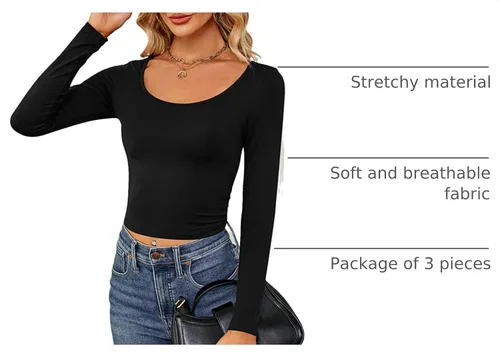 Vista 4 de Ficerd 3 piezas de camisetas cortas básicas de manga larga para mujer, ajustadas, cuello redondo, color liso, casual, para mujer