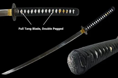 Vista 3 de MAKOTO Espada samurái Katana afilada hecha a mano, color negro, elige tu Tsuba (guerrero)