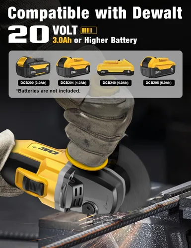Vista 2 de Amoladora angular sin escobillas, para batería DEWALT de 20V, amoladora angular pequeña inalámbrica de 4-1/2" con mango auxiliar, 10 lijas, 2 discos