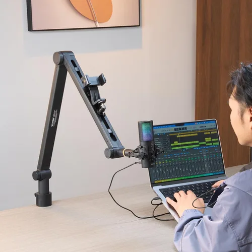 Vista 8 de VEVOR Brazo de brazo de micrófono, con abrazadera de montaje de escritorio, soporte de micrófono ajustable con gestión de cables, giratorio de 360°