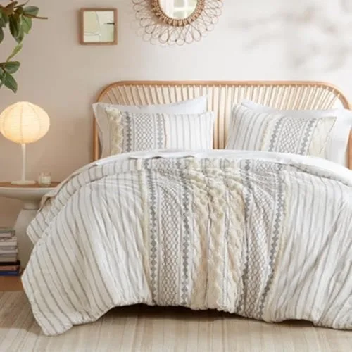 Vista 19 de INK+IVY Edredón para cama tamaño Queen, chenilla con mechones, juego de edredón de algodón transpirable Queen, edredón bohemio moderno para todas