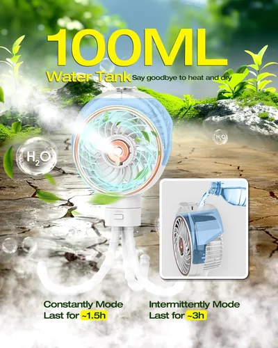 Vista 3 de Ausic Ventilador portátil de nebulización para cochecito con trípode desmontable, ventilador recargable de clip máximo de 16 horas para cuna