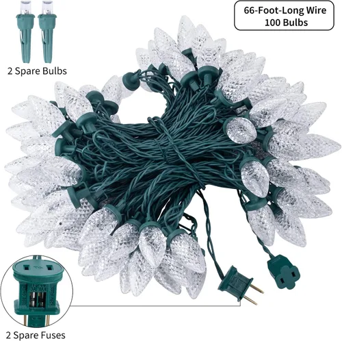 Vista 2 de Cadena de luces LED C9 de Brightown, 66 pies 100 LED impermeables en forma de fresa, cadena de luces de cable verde extensible para enchufar