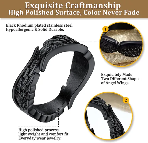 Vista 5 de Bestyle Anillos de ala de ángel antiguos para mujeres y hombres, anillos de banda de plumas de guardián, anillos de promesa de pareja