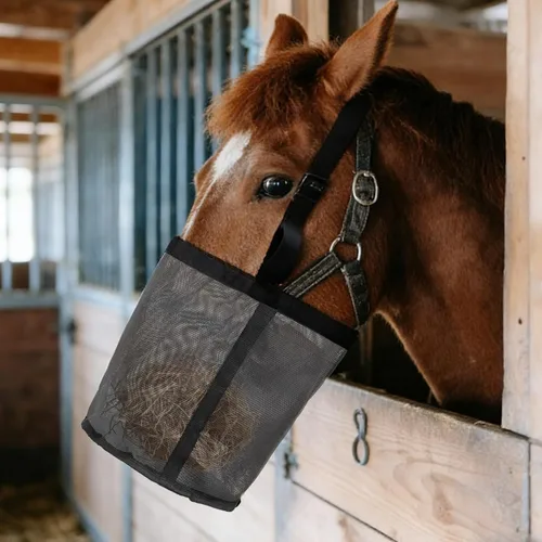 Vista 4 de Bolsa de alimentación para caballo, bozal de caballo con correa ajustable, malla de nailon, impermeable, bolsa para caballos de grano inferior Negro