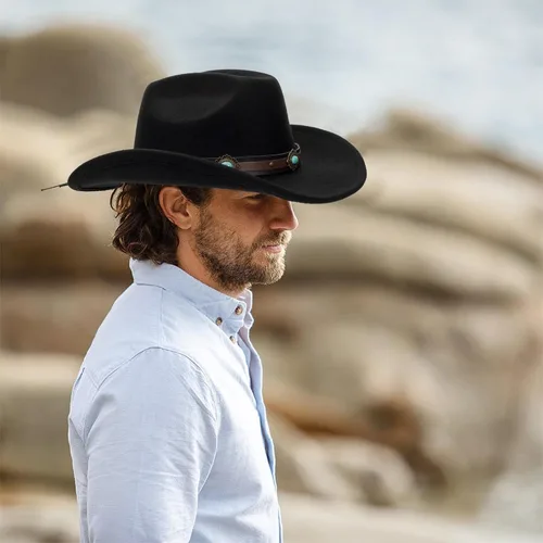 Vista 6 de Sombrero de vaquero occidental para hombres y mujeres, sombrero clásico de Fedora con cinturón de hebilla