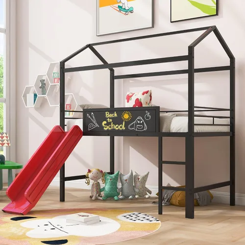 Vista 9 de Litera de metal individual sobre individual con escalera, litera de metal con tobogán para dormitorio de niños (casa negra con tobogán)