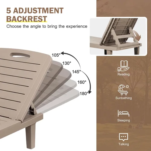 Vista 3 de CDCASA Juego de 4 tumbonas para exteriores, sillas de piscina con 5 posiciones ajustables y bandeja lateral, sala de descanso de resina impermeable