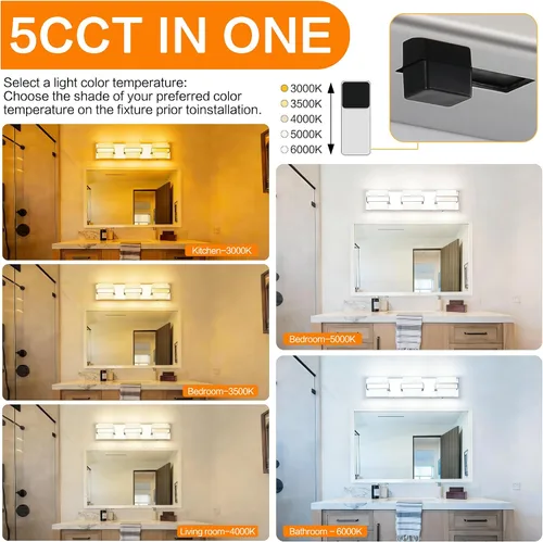 Vista 4 de SOLFART Lámpara de baño cromada de 3 luces, luz de tocador sobre el espejo, lámparas LED modernas, 5 colores de temperatura ajustable moderna
