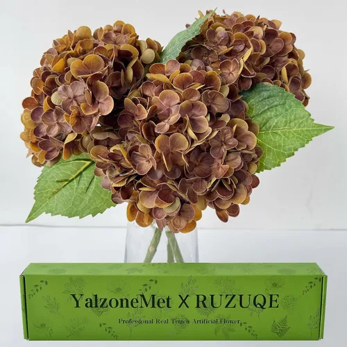 Vista 23 de YalzoneMet 3 unidades de flores artificiales de hortensia color beige cremoso de 21 pulgadas con textura real, flores de látex sintético
