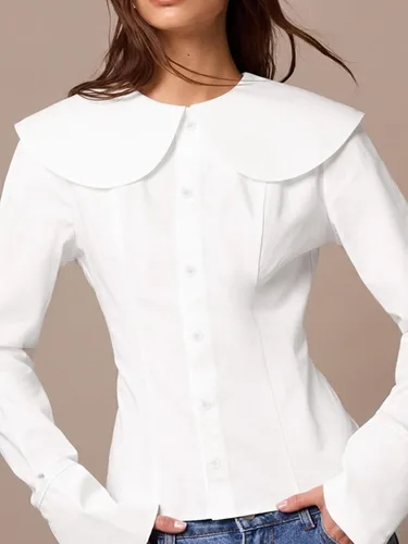 Vista 3 de Camisa de manga larga con botones para mujer, elegante blusa con cuello redondo y cintura ceñida, casual y para la oficina