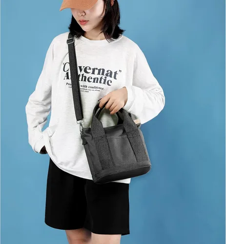 Vista 3 de Pequeña y bonita bolsa de lona con bolsillos para mujer, mini bolso cruzado casual al hombro, bolso de mensajero, bolso de mano de trabajo