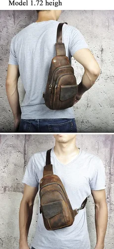Vista 6 de Le'aokuu Hombres al aire libre Casual Viaje Senderismo Té Crossbody Pecho Sling Bag Rig Un Hombro Correa Bolsa Mochila Hombres Cuero