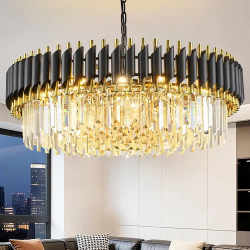 Vista 16 de Candelabro de cristal negro de 20 pulgadas, K9, luces colgantes redondas, ajustables, de 4 niveles, gran lámpara de cristal moderna, 6 luces