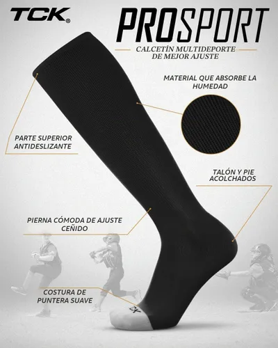 Vista 4 de TCK Prosport – Calcetines de tubo para béisbol, sóftbol, fútbol. Calcetines duraderos y con tecnología de absorción de humedad que cubren la Negro