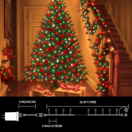 Vista 4 de Cadena de luces decorativas navideñas de 33 pies, 100 luces LED de alambre verde, luces de hadas estrelladas enchufables, 16 modos de iluminación